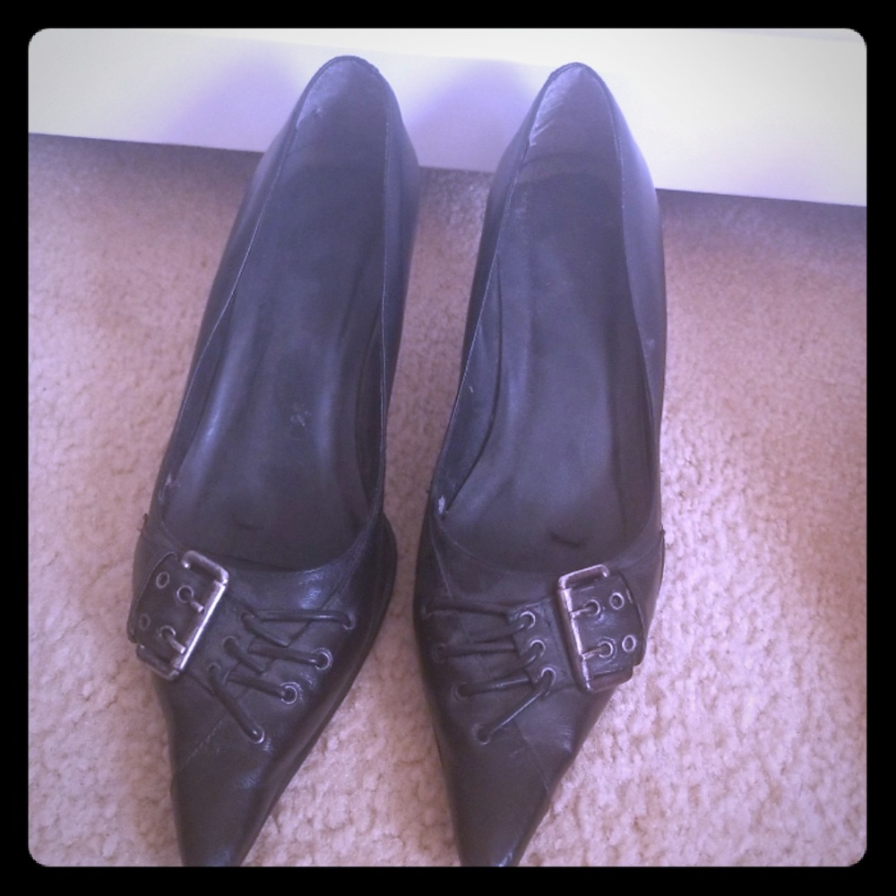 Black buckle detail kitten heels leather